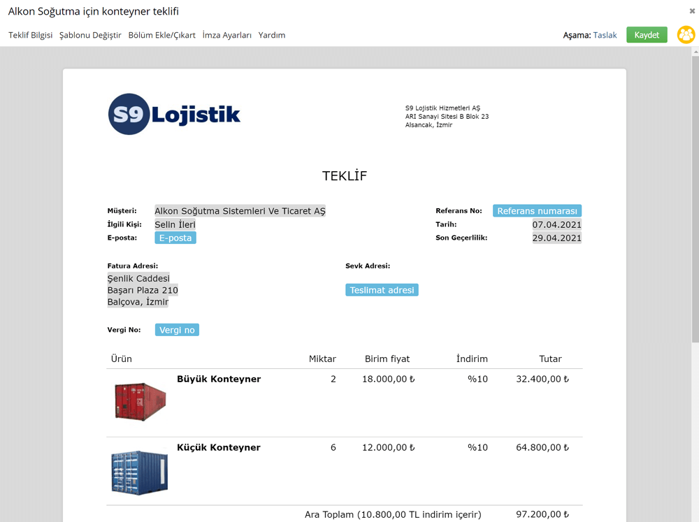 TeamGram CRM teklif hazırlama aracı.